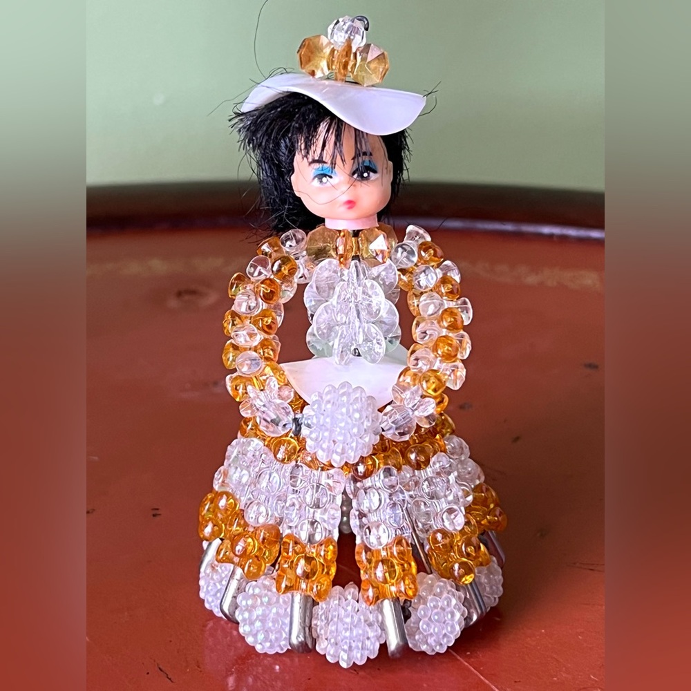 Vintage Beaded Safety Pin Doll Figurine with Orange & White Beads Accents 4 in